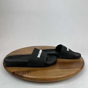 Womens Balenciaga Pool Black White Logo Comfort Casual Slide Sandals Size 8 M